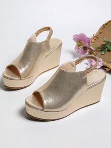 Women's Platform Waterproof Peep Toe Wedge Sandals With Elastic Strap - Gold - View 8