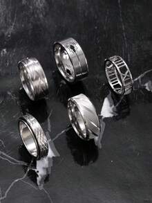 5pcs Fashionable Stainless Steel Men's Silver Ring Set, Includes Cut Copper Coin, Roman Numeral, Diagonal Stripe, Snake Skin Elements, Suitable For Men's Daily Wear, Festivals, Dates - Silver - View 5