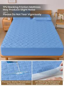 1pc Waterproof Solid Color Fitted Sheet, Skin-Friendly Mattress Protector, Dust-Proof & Moisture-Proof Mattress Cover, Ultrasonic Embossed Suitable For All Size Mattresses, Bedding Gift, Machine Washable - Clear Blue - View 6