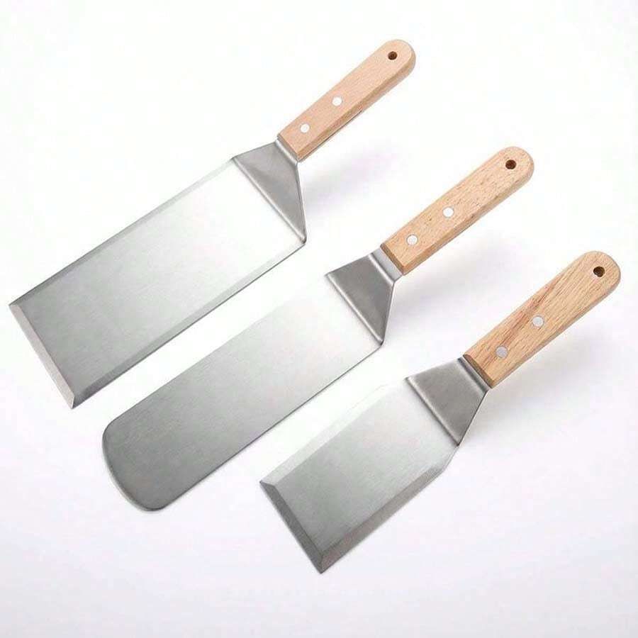 Set Pengikis Logam, Spatula Hamburger Stainless Steel, Pengikis Loyang, Cocok Untuk Panggangan Datar - Sekop Gagang Kayu Tiga Buah - View 1