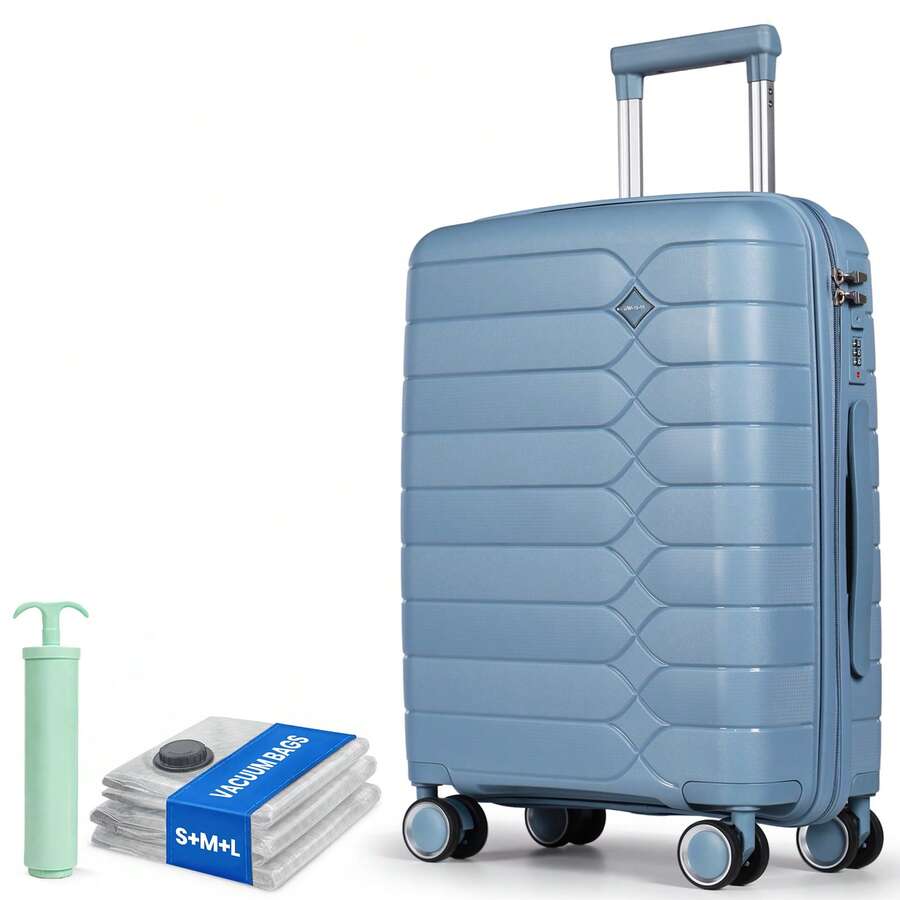 20 Inch Cabin Suitcase 55x40x20cm, PP Hard Shell Lightweight Carry On Luggage With 4 Silent Spinner Wheels & TSA Lock - Light Blue - View 1