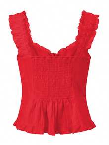Women's Ruffle Hem Tank Top V Neck Lace Patchwork Backless Vests Slim Fit Y2k Camis Tops - Red - View 7