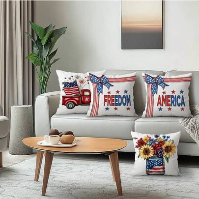 Bộ 4 vỏ gối in một mặt bằng nhung màu đào, 100% polyester, chủ đề kỷ niệm Ngày Độc lập, trang trí phòng khách, sofa, phòng ngủ, nhiều kích cỡ 40x40cm/45x45cm/50x50cm, không kèm ruột gối.