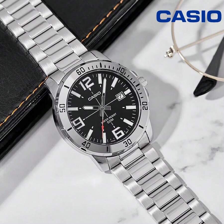 Đồng hồ Casio cổ điển dành cho nam, kiểu dáng thợ lặn, mặt số đen, dây đeo thép không gỉ, chống nước 50M, đồng hồ thể thao đeo tay. - Một cỡ - Xem 1
