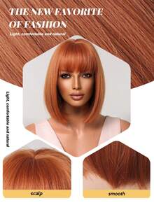 Elegant Orange Women's Stright Wig With Short Bangs High Temperature Fiber Rose Net Cap Versatile Styling - Suitable For Cosplay, Parties, And Music Festivals - 臟橘色 - 查看 3