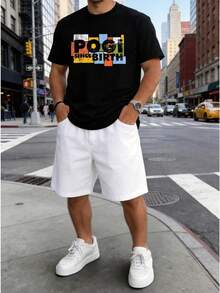 Hombre conjunto estampado cómodo cuello redondo cintura elástica estilo urbano casual uso diario ropa - Negro 1 - Ver 2