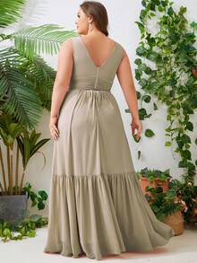Vestido de dama de honor elegante de gasa con cuello en V y volantes de unicolor para mujer de talla grande, vestido de noche con volantes para invitada de boda, dama de honor, ocasión formal, evento, boda, fiesta, primavera/verano/otoño - Caqui - Ver 3