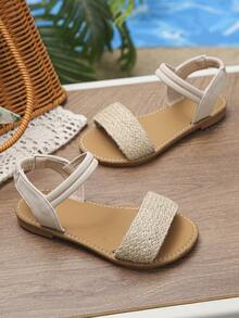 1双女童杏色平底凉鞋，夏季透气休闲度假沙滩鞋，编织绳凉鞋，软底日常凉鞋 - 杏色 - 查看 6