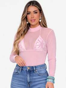 Women's Long-Sleeved Transparent Tulle Bodysuit - 淺粉色 - 查看 2