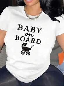 Camiseta de manga corta para mujer con diseño de barco y un estampado de cochecito, fabricada con material duradero, ofrece una sensación cómoda y ligera, perfecta para anunciar un embarazo y para usar en casa o al aire libre. - Blanco - Ver 6