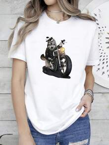 Women T-Shirt Print NEW LIMITED Wolf Riding Chopper Motorcycle T-Shirt - White - View 6