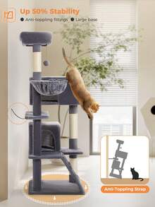 PAWZ Road Cat Tree For Large Cats With Super Large Top Platform, [56.3"=143cm] Tower For Indoor Cats With Hammock And Sleeping Bag, Cat Shelves With Scratching Posts And 2 Houses - 深灰色 - 查看 4