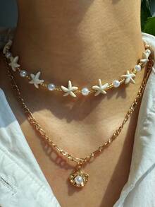 2pcs/Set Fashionable Unique Cute Pearl Shell Starfish Beaded Multilayer Necklace Set, Suitable For Daily Wear, Holiday Party Jewelry For Women - Multicolor - View 3