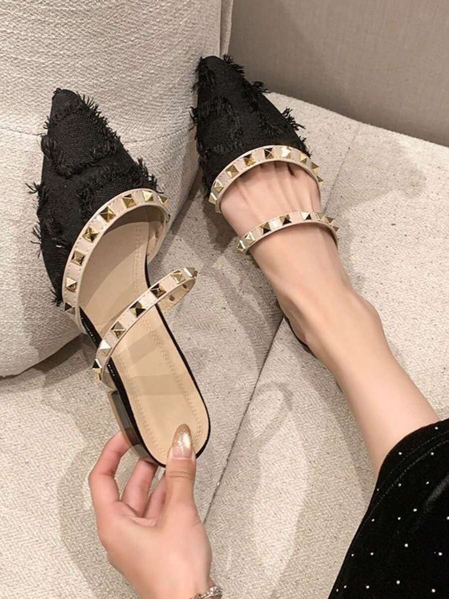 Giúp tôn dáng và làm thon gọn! Dép mules mũi nhọn, gót chunky, chất liệu tua rua, thoáng khí, hoàn hảo cho những chuyến đi chơi mùa hè. - màu đen - Xem 1