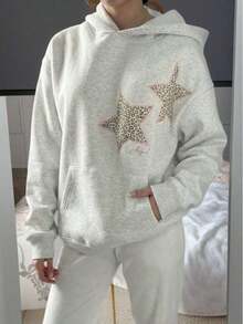 Slogan Star Leopard Print, Women's Oversized Fit&Long Length Pocket Long Sleeve Sweatshirt/Hooded Sweatshirt For Fall/Autumn&Winter, Long Sleeve&Baggy Drop Shoulder&Pullovers, Night Out/Daily/Office/Home/Street/Travel/Airport/Brunch, Fall Women, Fall, Autumn, Winter For Women, Winter, Winter, Homecoming, Cute, Cute Tops Women, Kawaii, Y2k, Streetwear, Teacher For Women, Airport For Women Casual - 淺灰色 - 查看 5