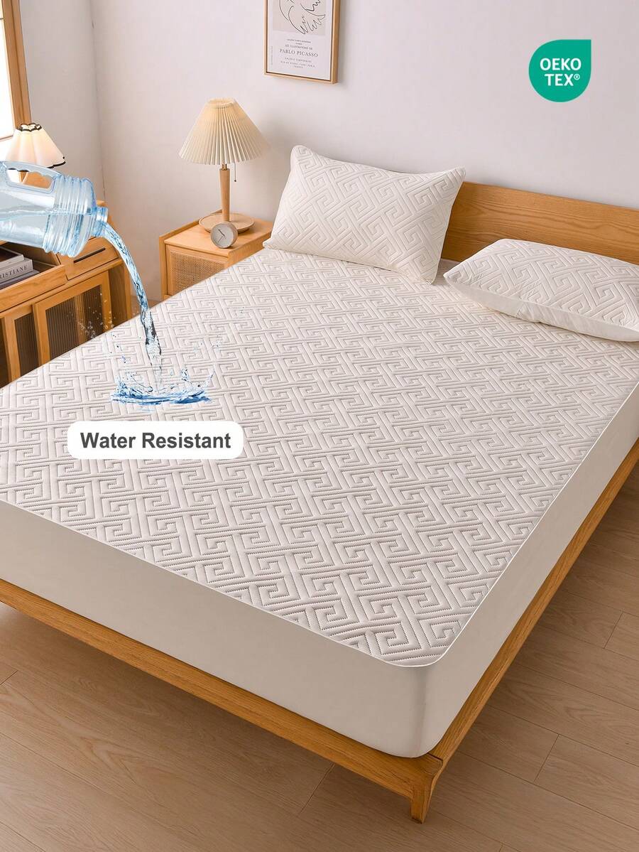 1pc Waterproof Solid Color Fitted Sheet, Skin-Friendly Mattress Protector, Dust-Proof & Moisture-Proof Mattress Cover, Ultrasonic Embossed Suitable For All Size Mattresses, Bedding Gift, Machine Washable - White - View 1