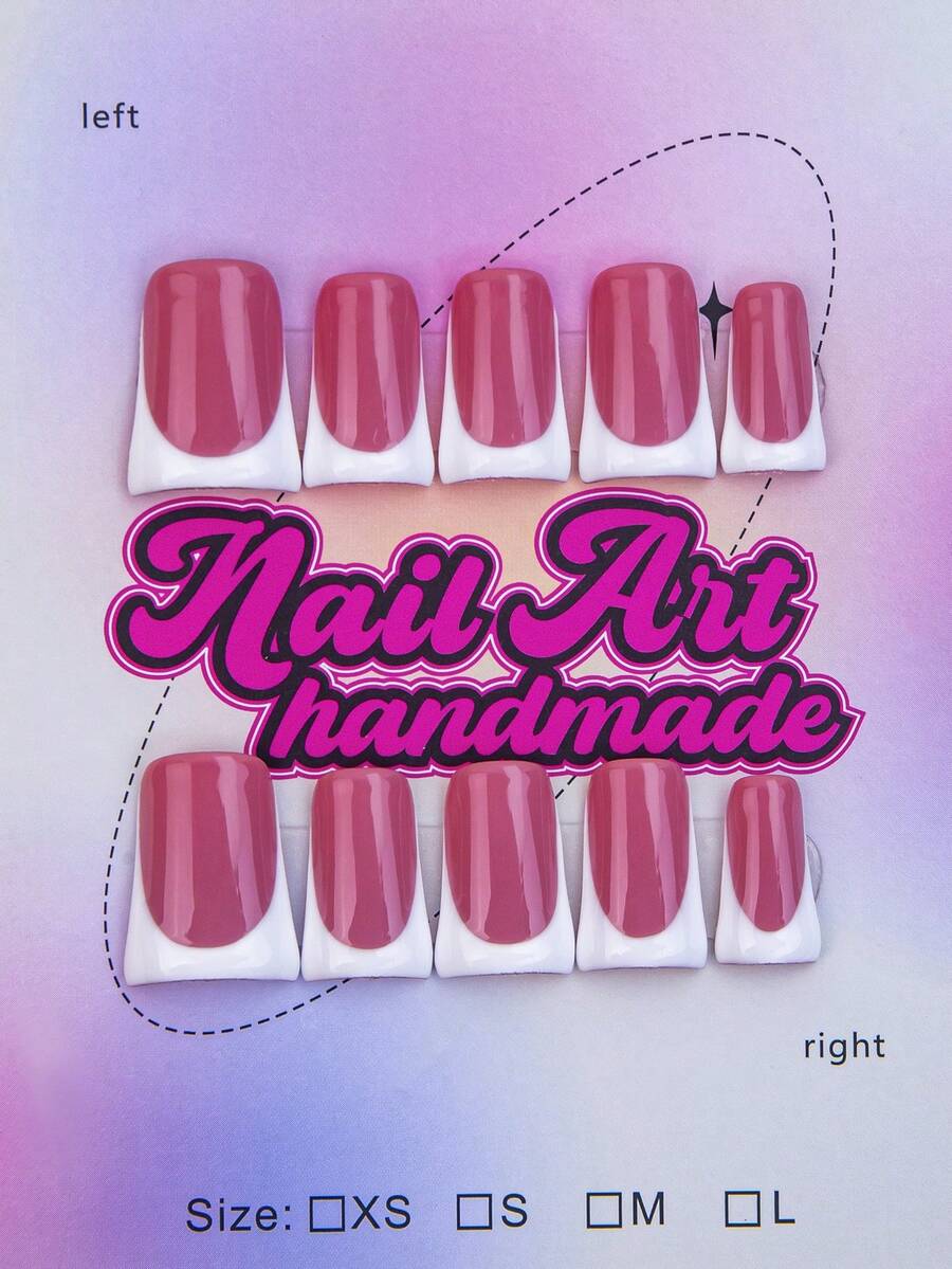 10pcs Square Shaped Handmade Nail Tips, Y2K Baddie Style, Nude & White Color Solid French Tip Artificial Nails, Suitable For Women & Girls, Glitter Nails For Party, Wedding, Daily Wear, Great Gift For Ladies - White - View 1