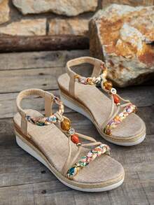 Khaki Women's Sandals, Summer Wedge Thick Bottom Sandals, Handmade Beaded Sandals, Lightweight Vacation Bohemian Style Outdoor Sandals, Travel Essential - Khaki - View 2