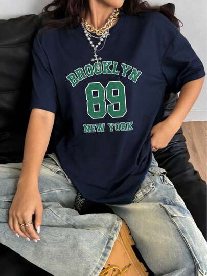 Women's Navy Blue Vintage Brooklyn 89 New York Graphic Round Neck Short Sleeve Casual T-Shirt