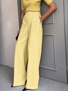 1件女士纯色针织面料长裤，高腰直筒裤，适合办公室和机场穿着，配有优雅的斜插口袋设计，适合春秋季节穿着。 - 黃色 - 查看 4