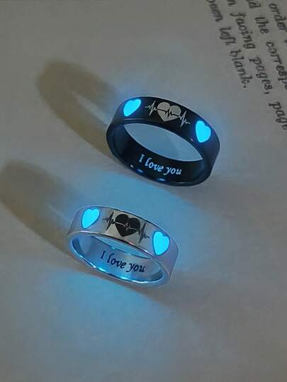 ATLVXJL Set de 2 anillos de pareja/amistad con corazón y letras "Te amo" que brillan en la oscuridad, adecuados para uso diario y como regalo del Día de San Valentín