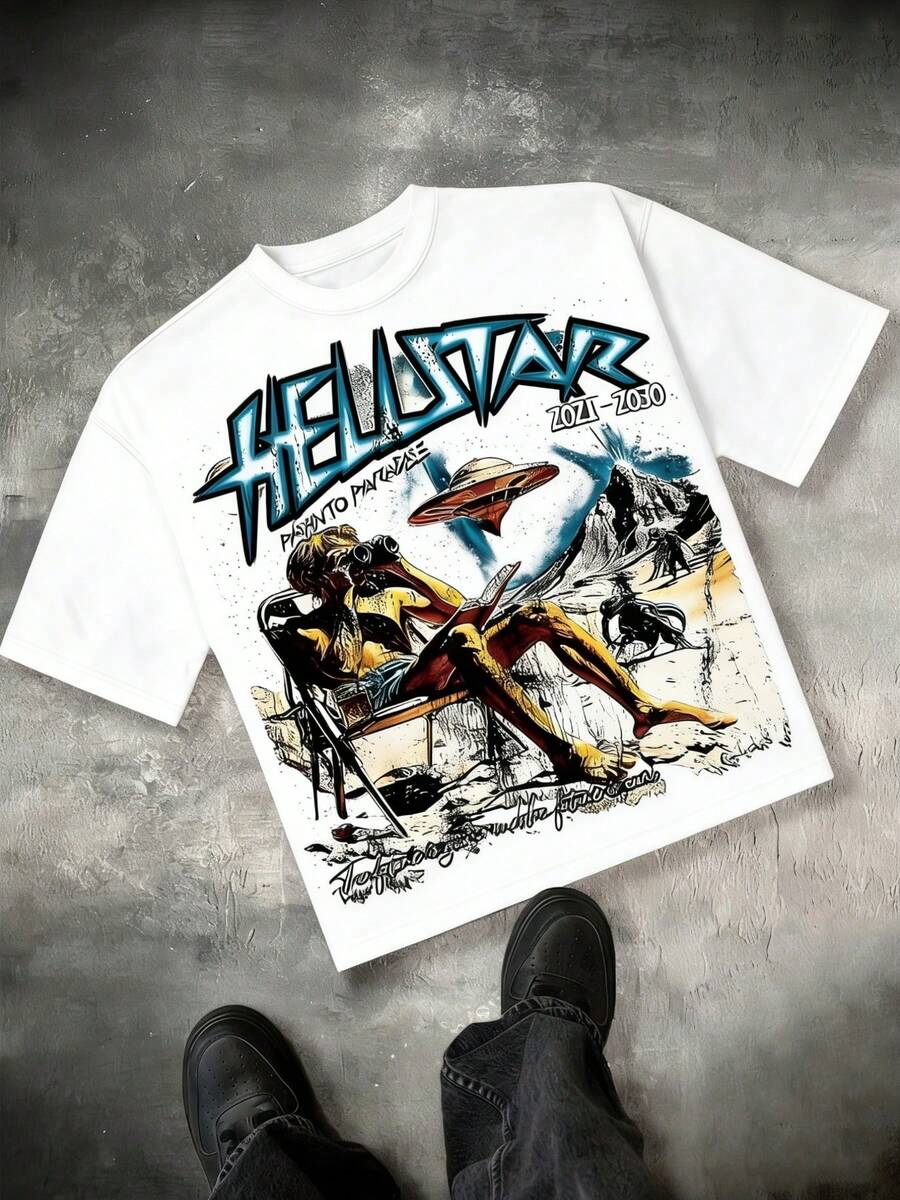 Hellstars Path To Paradise UFO Alien Y2K Graphic T-Shirt,220g 100% Cotton,Round Neck Short Sleeve,Black Streetwear Essential For Summer Going Out,Unisex Style - 白色 - 查看 1
