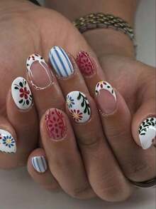 24 Pieces Oval-Shaped Pressing Nails, Summer French Stripes, Red And Green Floral Pattern Design. Perfect For Spring And Summer Seasons. Artistic Nail Accessories, Nail Decoration. Fully Covered Detachable Fake Nails. Suitable For Women's Dates, Parties, Work, Outings, Daily Use, Etc. ! - Nhiều màu - Xem 10