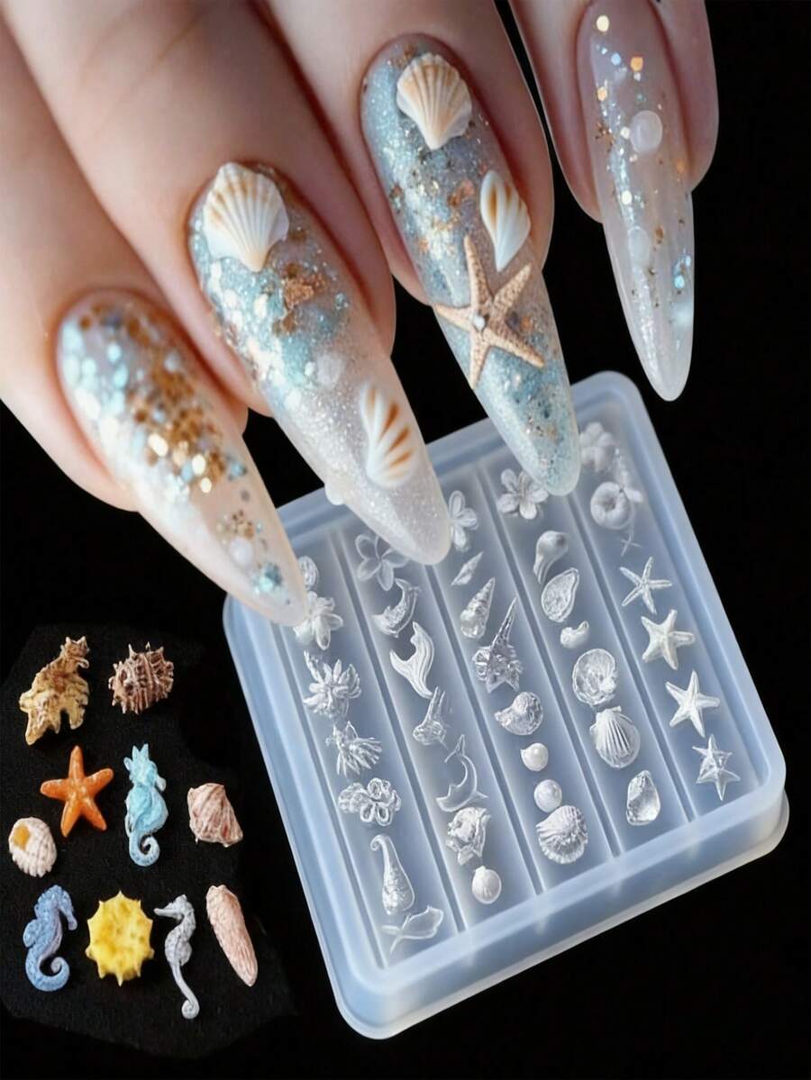 1个法式奶油色裙边美甲模具，3D硅胶模具，适用于树脂工艺品，哥特蛋糕蕾丝裙边奶油色条纹蝴蝶结图案；1个贝壳美甲模具，3D海洋风格贝壳和海星美甲硅胶模具，海洋主题美甲硅胶模具 - 彩色 - 查看 1