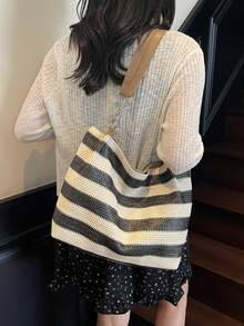 夏季新款波西米亚风条纹编织手提包 女士大容量通勤单肩包 草编材质 海边度假沙滩包 时尚百搭ins风超火大容量包 - 黑色 - 查看 6