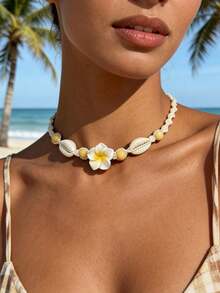 1件波西米亚风项链，沙滩项链，手工编织软陶瓷花朵贝壳项链，夏季沙滩度假配饰 - 黃色 - 查看 6