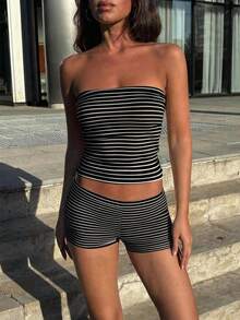 女士夏季沙滩度假性感条纹抹胸上衣和短裤套装 - 黑白條紋 - 查看 4