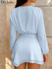 Da Jade 女士优雅蓝色褶皱系带连衣裙，弹性袖口，褶皱领口系带设计，显瘦显瘦，适合春季短途旅行/新年家庭聚会、圣诞下午茶/新年派对、冬季温暖聚会/与朋友购物、海边休闲旅行等场合。 - 藍色 - 查看 3