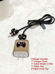 5pcs/Set Black/White Game Console Accessories: Data Cable Protector, Charger Head Cover, 1.5m Winding Organizer, Cable Tie, Anti-Break Data Cable. Compatible With 20W/18W Apple Fast Charger, 1.5M Cable Compatible With IPhone 14/15, Charger Protector - Black Game Console - 5-piece Set - View 6