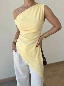 Đầm midi nữ kiểu mới màu vàng, dây xoắn, lệch vai, không tay, eo nhún, vạt bất đối xứng, xẻ tà bên hông, thanh lịch, giản dị, thiết kế Y2K tối giản, cơ bản, thích hợp cho câu lạc bộ, bãi biển, hẹn hò, kỳ nghỉ, đồng quê, hòa nhạc, sinh nhật, đi chơi, mùa xuân hè thu. - Màu vàng - Xem 1