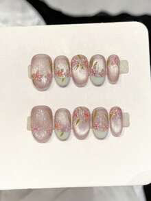 10片手工椭圆形亚克力按压式美甲，短款，柔和粉色美甲，闪亮猫眼美甲，白色法式美甲，手绘简约樱花图案，前卫优雅简约春季假指甲，夏季美甲，适合派对、日常、约会、海滩、热带度假等场合，DIY美甲，适合女性和女孩作为礼物，美甲用品 - 粉色 - 查看 9