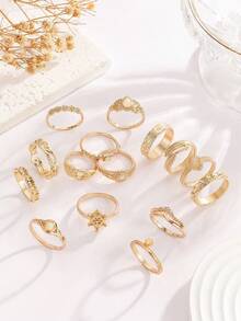 15pcs Set Moonstone Hollow Embossed Elephant, Moon, Star Design Rings, Suitable For Daily Wear And Parties - 15-piece Set - View 3
