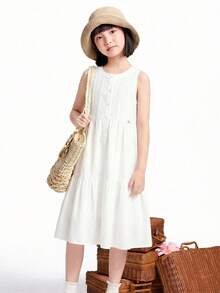 Annil [Đầm cotton lanh ngọt ngào và mát mẻ] Đầm chữ A mùa hè cho bé gái - Tươi mát, năng động, thoáng khí, thoải mái, ngọt ngào, nhẹ nhàng, dáng midi. - Trắng nhạt - Xem 2