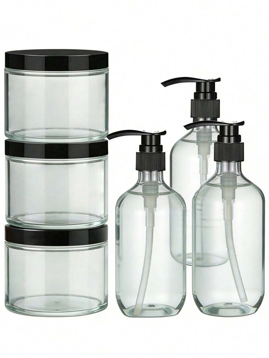 6pcs/Set 500ml Reusable Shampoo Refill Bottles Set, Including Shampoo, Body Wash, Conditioner Replacement Bottles And 3 Jars - Multicolor - View 1