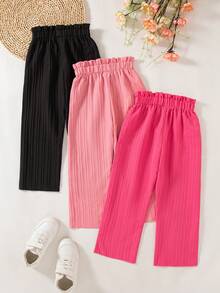 3pcs Girls Casual Solid Color Faux Button Elastic Waist Regular Fit Pants, Spring & Autumn - Hot Pink - View 2