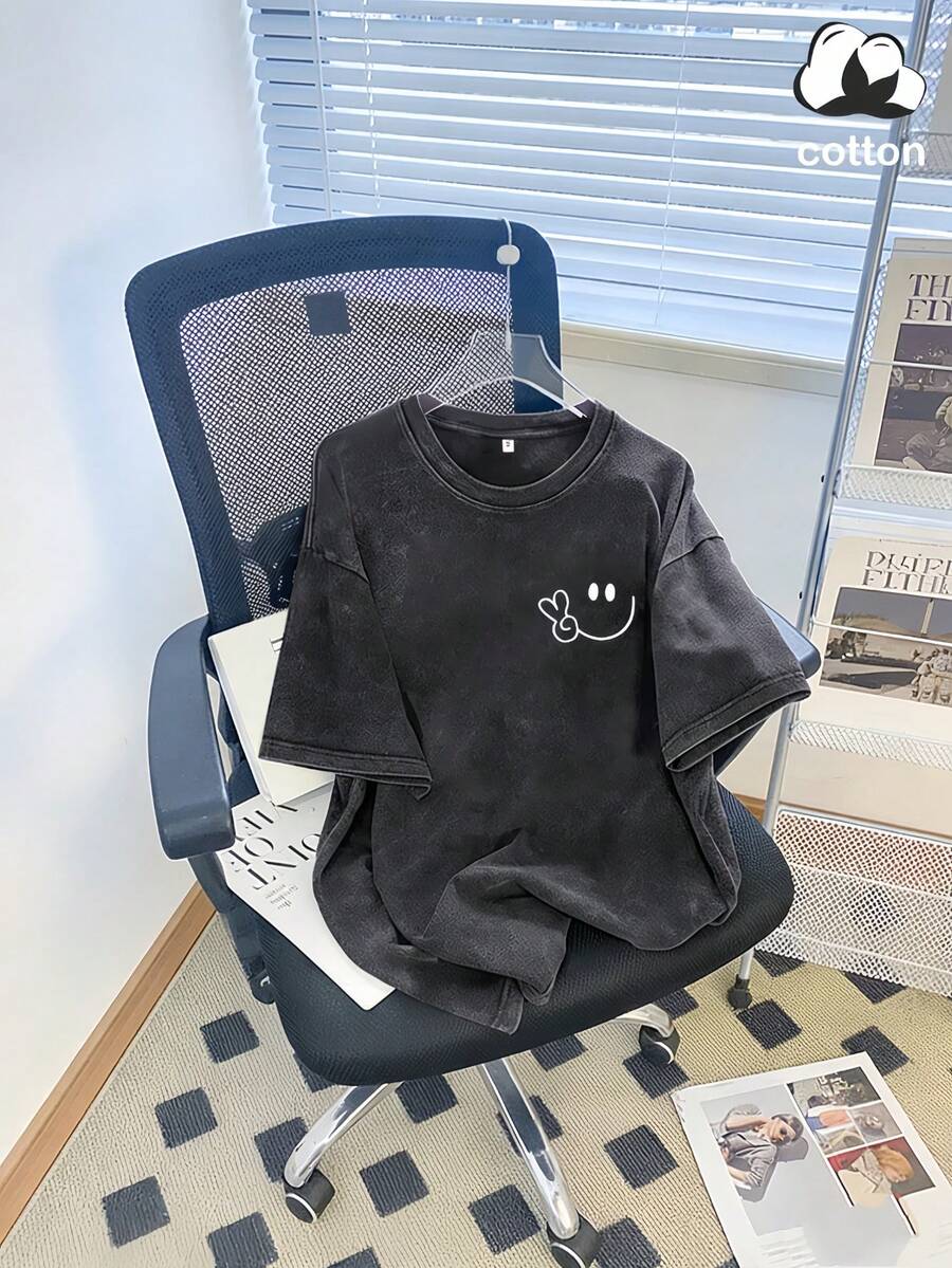 Vintage Washed Cotton Loose-Fit T-Shirt, Cute Face And Heart Print, Women's Casual Street Style Short-Sleeve Top, Wrinkle-Resistant Washed Cotton T-Shirt - 黑色 - 查看 1