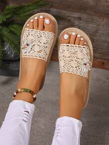 2026 Floral Decor Open Toe Flat Soft Bottom Slide Sandals, All Season - Beige - View 2