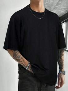 Manfinity Homme Loose Fit Men's Solid Color Round Neck Short Sleeve Casual T-Shirt - màu đen - Xem 1