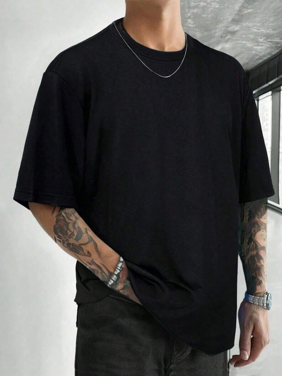 Manfinity Homme Loose Fit Men's Solid Color Round Neck Short Sleeve Casual T-Shirt - màu đen - Xem 1