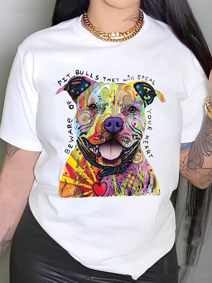 Women's Mother's Day T-Shirt Colorful Artistic Pit Bull Design Featuring Vibrant Dog Portrait With Text Beware Of Pit Bulls They Will Steal Your Heart Ideal For Casual Wear And Dog Lover Gifts Perfect For Spring Summer Seasons Great Gift For Pet Enthusiasts And Animal Lovers,Perfect For Celebrating Mother's Day, Perfect Gift For Mom And Grandma. Mother's Day Themed T-Shirt. - 白色 - 查看 1