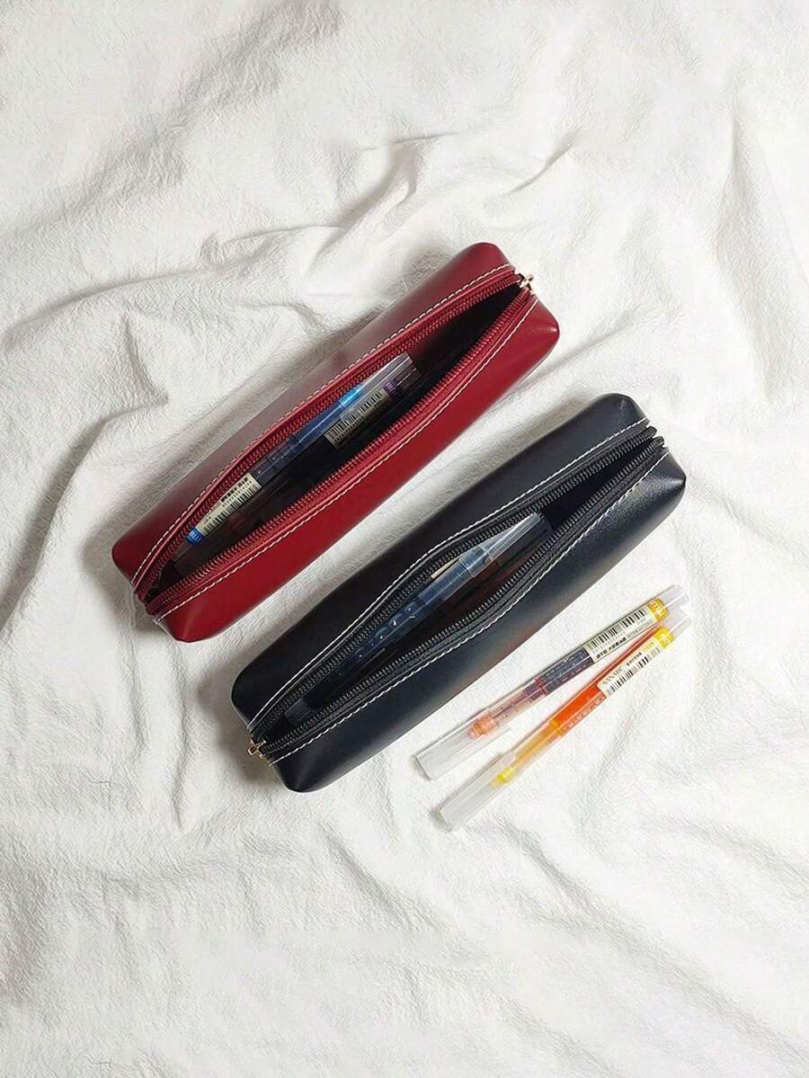 INS 風格壓紋皮革筆袋，酒紅/黑色極簡高級拉鍊筆袋，大容量學生文具收納袋
