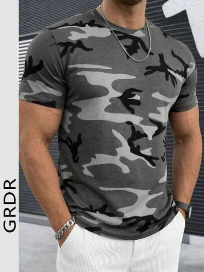 GRDR 1 Peça Camiseta Masculina de Manga Curta com Gola Redonda, Estilo Camuflado Minimalista para o Verão, Confortável e na Moda
