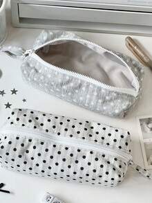 1Pc Simple Temperament Cute Polka Dot Large Capacity Multifunctional PPencil Case Makeup Bag Zipper Fresh Fabric Student Pencil Case Storage Bag - Multicolor - View 6