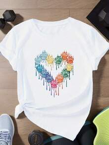 Break The System Heart Paw Print Women's Plus Size Sports Short Sleeve T-Shirt Round Neck Loose Fit T-Shirt - 白色 - 查看 7