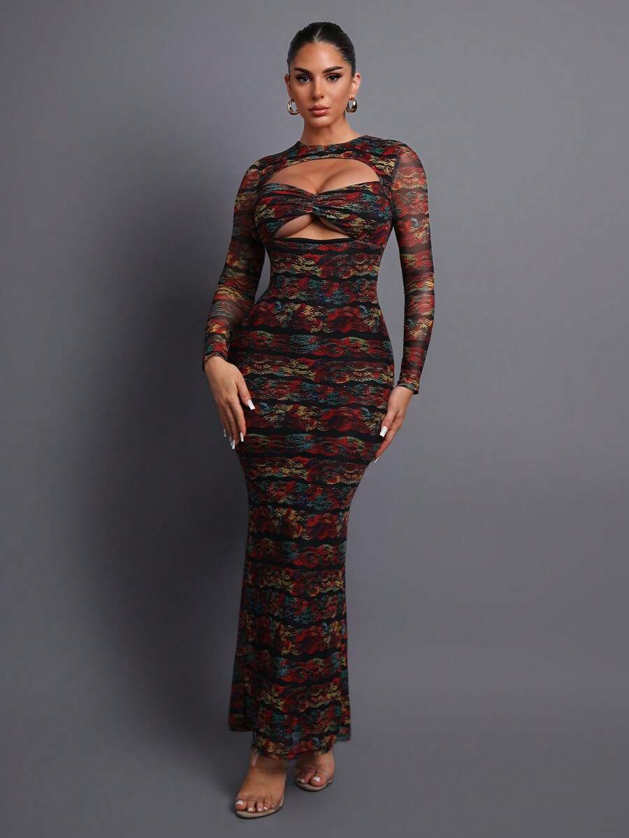 Elegant Printed Hollow Mesh Women's Evening Dress, Suitable For Parties, Formal Galas, Fashion Events, Photoshoots, And Nighttime Activities Wedding Vacation Party Spring