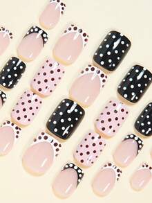 24片装短方形一次性美甲贴纸，优雅白、经典黑、时尚棕、白波点、浅粉、可爱粉，全覆盖式假指甲，包含1瓶指甲胶水和1个迷你指甲锉，适合女性和女孩，随机发货 - 粉色 - 查看 4